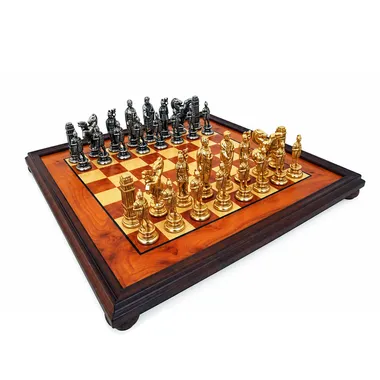Ensemble "César" Echiquier sur Pied en Bois de Bruyère & Jeu d'Echecs en Métal Massif