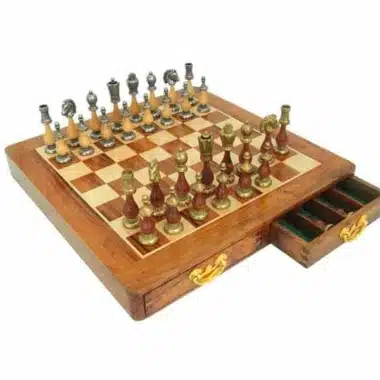Ensemble Arabic Style III Echiquier en Bois de Rose Doré et d'Erable & Jeu d'Echecs en Métal et Bois Massif