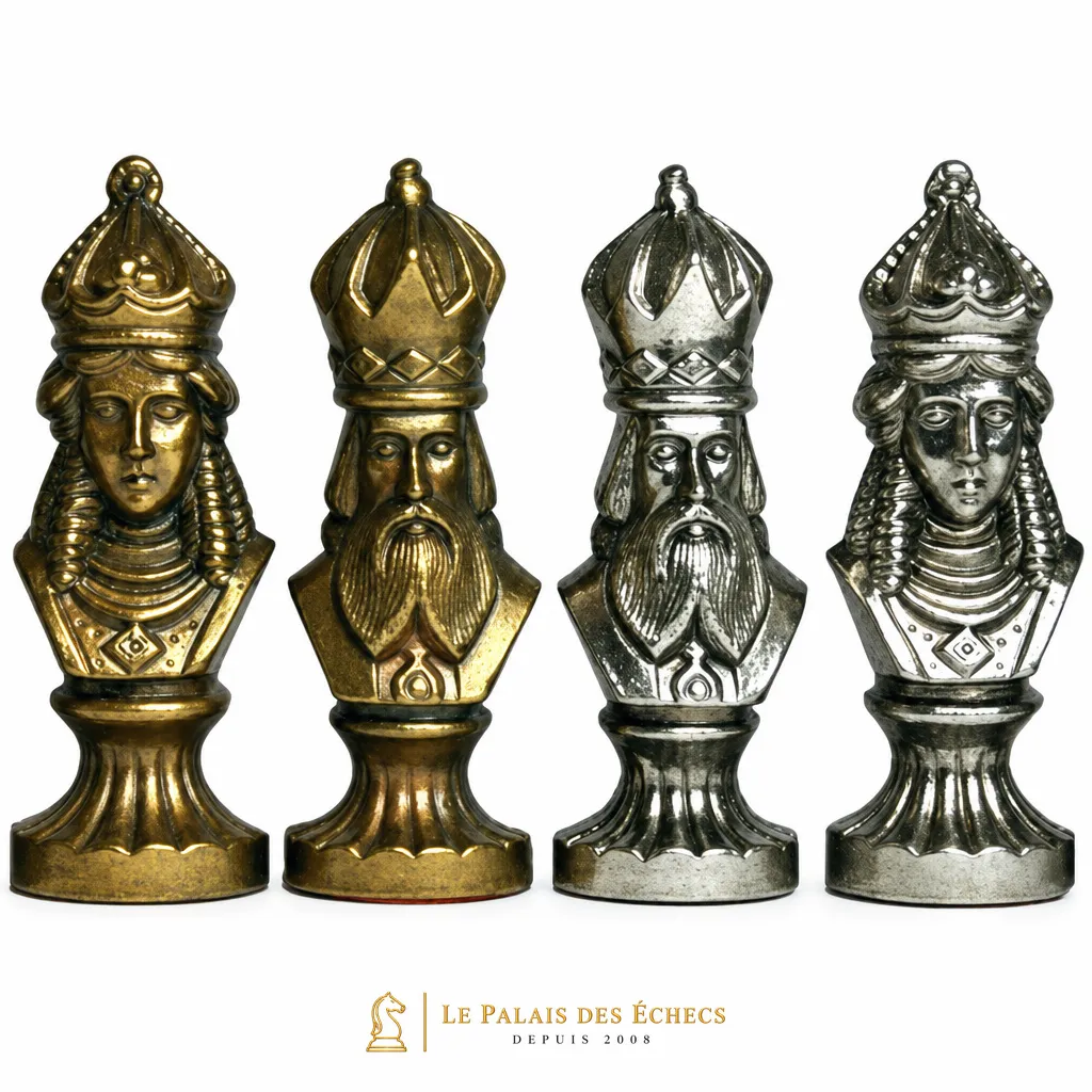 Bustes de rois et dames en métal doré et argenté, détail des pièces d'échecs