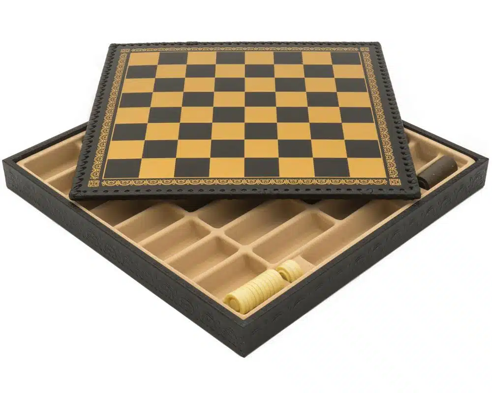 Ensemble Arabic Style V Echiquier Noir en Similicuir avec Rangement et Jeu d'Echecs en Métal Plaqué Or et Argent – Image 10