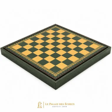 Échiquier en similicuir vert, vue d'ensemble avec bordure dorée