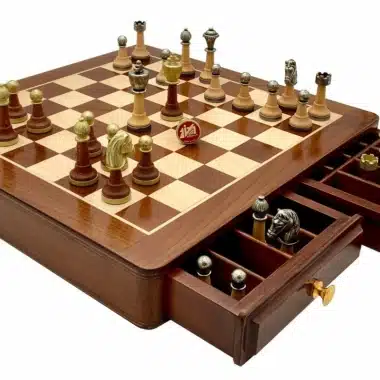 Ensemble Classic III Echiquier en Bois de Rose Doré et dErable & Jeu d'Echecs en Bois et Métal Massif