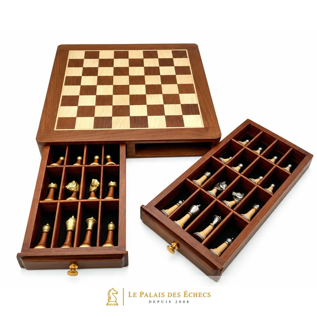Coffret de rangement ouvert avec échiquier et pièces d'échecs compartimentées