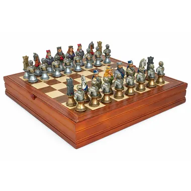 Ensemble buste médiéval complet sur échiquier en érable et noyer avec coffret
