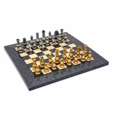Ensemble "Français II" Echiquier en Bois d'Erable Gris & Jeu d'Echecs en Laiton Massif