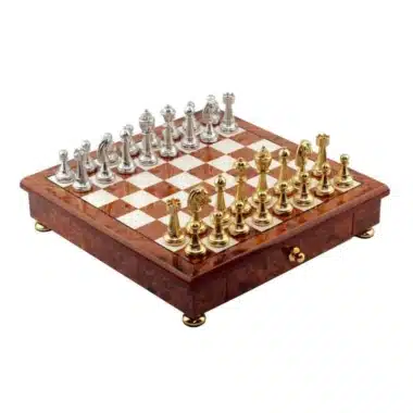 Ensemble Classic Flower 5 Echiquier avec Tiroir de Rangement en Bois d'Orme et de Bruyère Laqué et Jeu d'Echecs en Métal Plaqué Or/Argent