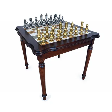 Table d'échecs en bois sur pieds tournés avec jeu de pièces en laiton