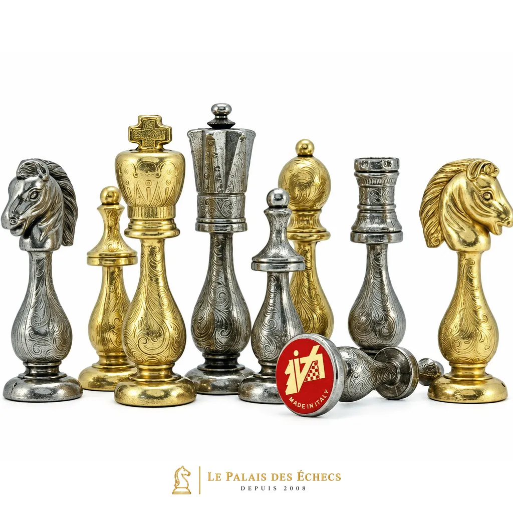Pièces dorées et argentées groupées montrant les finitions gravées et le logo Made in Italy