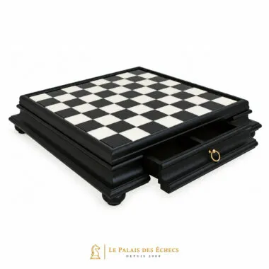 Échiquier sur pied noir et blanc avec tiroir de rangement ouvert