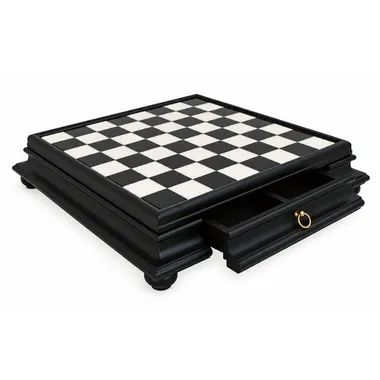 Échiquier sur pied noir et blanc avec tiroir de rangement ouvert