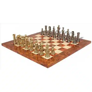 Ensemble Empire Romain VIII Echiquier Mat en Bois d'Orme et de Bruyère et Jeu d'Echecs en Métal