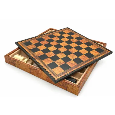 Échiquier Ancien Monde en similicuir avec coffret de rangement ouvert