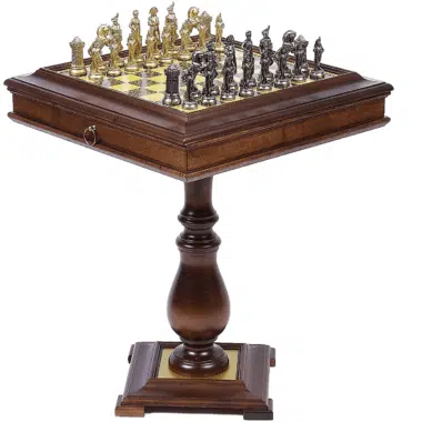 Ensemble Grand Napoléon Table Echiquier en Bois et Jeu d'Echecs en Métal