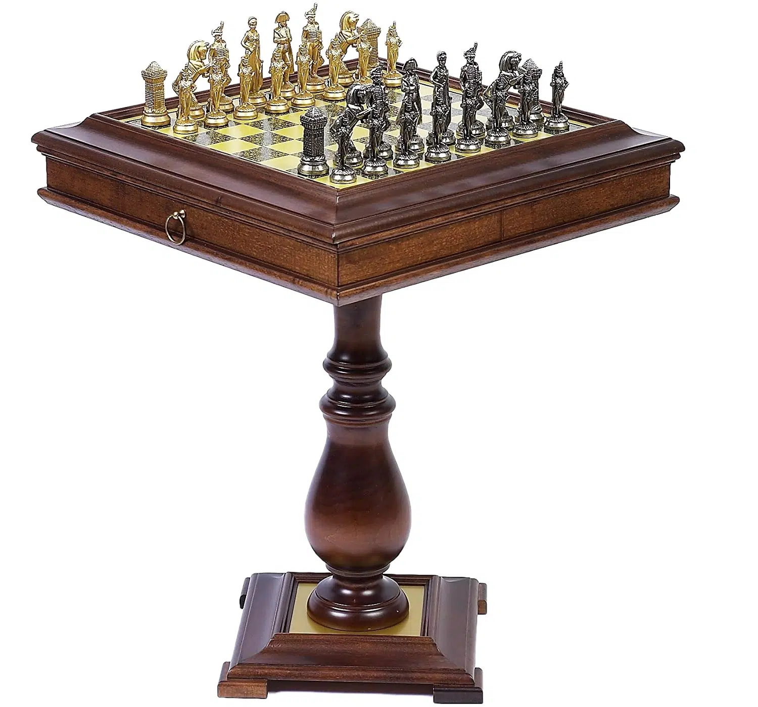 Ensemble Grand Napoléon Table Echiquier en Bois et Jeu d'Echecs en Métal