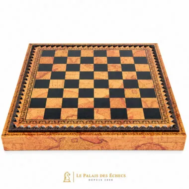 Échiquier fermé en similicuir avec motifs de carte ancienne sur les bords