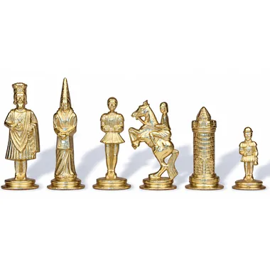 Pièces d'échecs Camelot dorées, soldat et cavalier avec cavalière détaillés