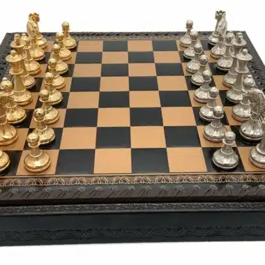Ensemble Mignon Flower V Echiquier avec Rangement et Jeu d'Echecs Métal Plaqué Or et Argent