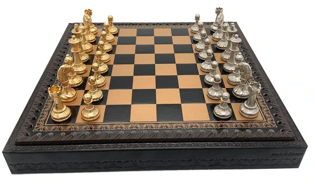 Ensemble Mignon Flower V Echiquier avec Rangement et Jeu d'Echecs Métal Plaqué Or et Argent