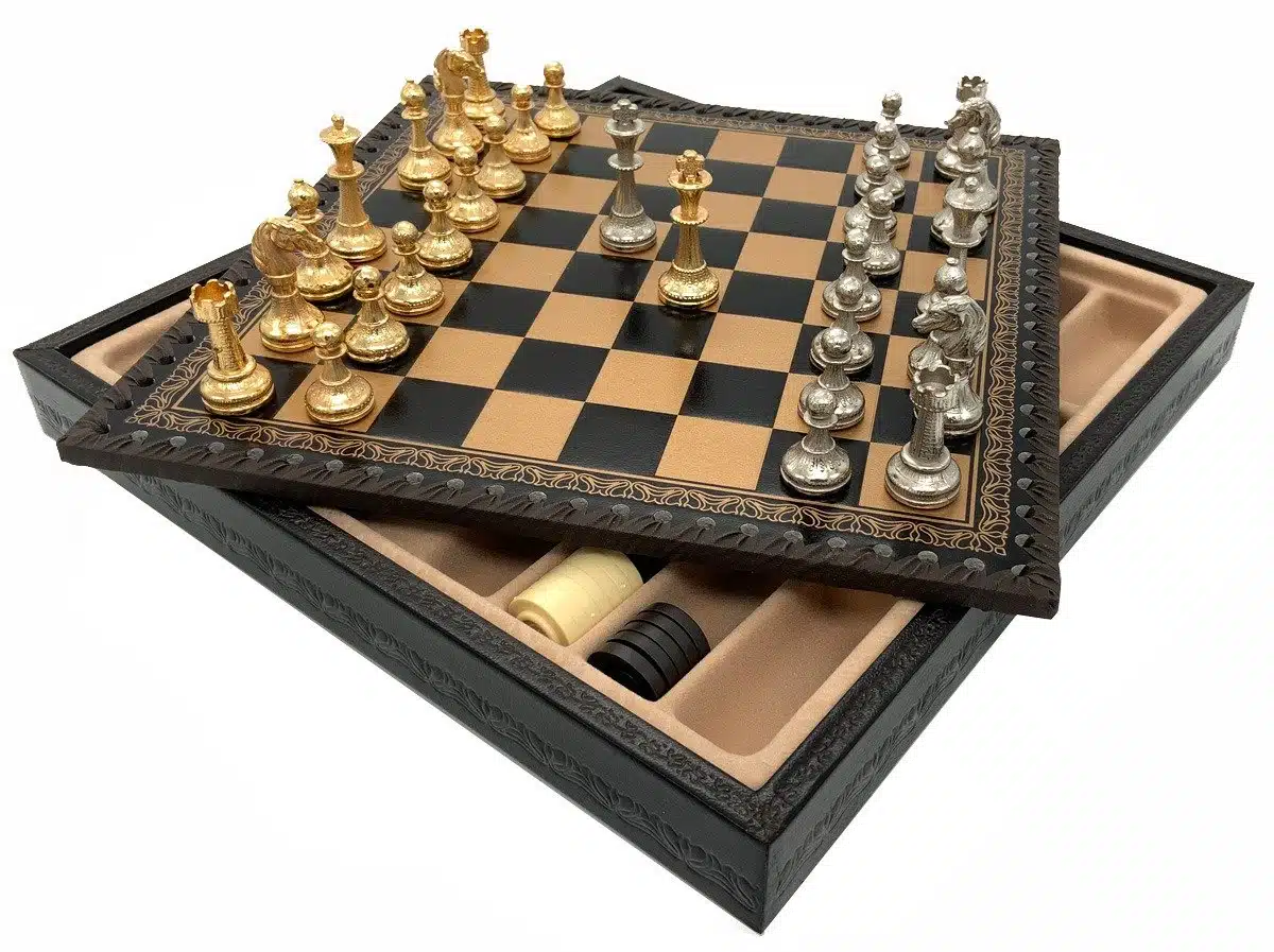 Ensemble Mignon Flower V Echiquier avec Rangement et Jeu d'Echecs Métal Plaqué Or et Argent – Image 2