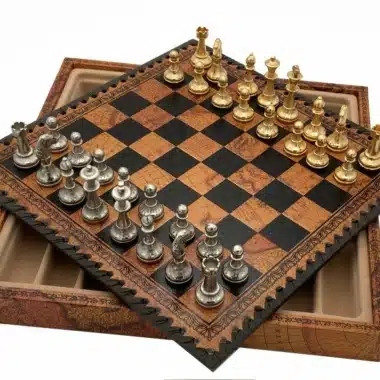 Ensemble Mignon Flower VI Echiquier avec Rangement et Jeu d'Echecs Métal Plaqué Or et Argent