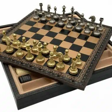 Alternative view of Ensemble Mignon Flower IX Echiquier Noir avec Rangement et Jeu d'Echecs en Métal