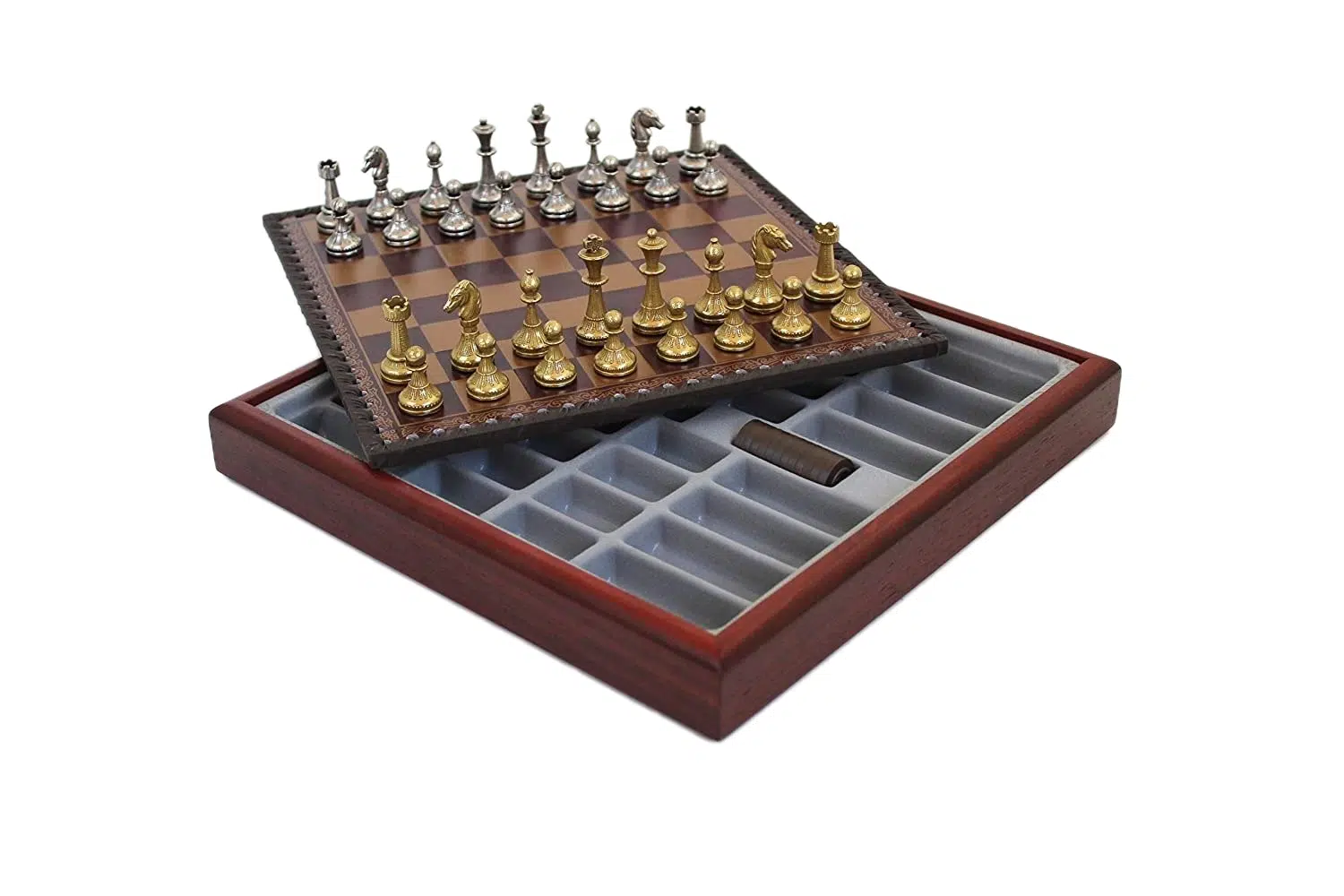 Ensemble Mignon Flower VIII Echiquier Rouge avec Rangement et Jeu d'Echecs en Métal – Image 2