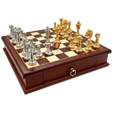 Ensemble Classic Flower 3 avec échiquier en bois et pièces plaquées or et argent