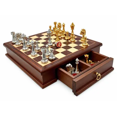 Echiquier Classic Flower 3 avec tiroir de rangement en bois ouvert montrant les pièces