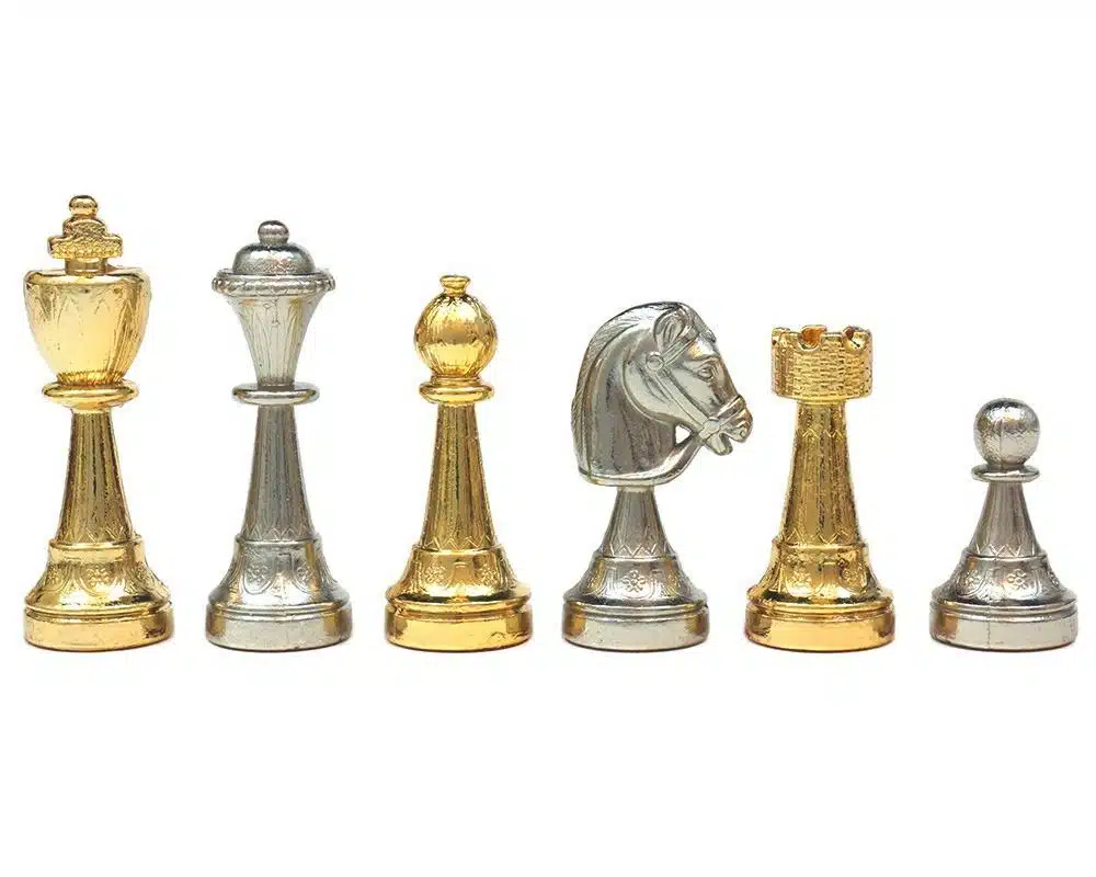 Ensemble Classic Flower 3 Echiquier avec Tiroir de Rangement en Bois et Jeu d'Echecs en Métal Plaqué Or et Argent – Image 3