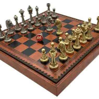 Ensemble Staunton Mix Echiquier en Similicuir avec Compartiment de Rangement Intégré & Jeu d'Echecs en Métal Massif