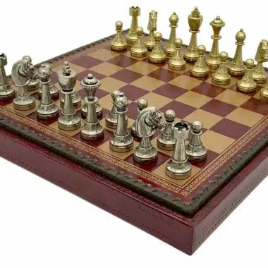 Ensemble Staunton Mix V Echiquier Rouge avec Rangement et Jeu d'Echecs en Métal