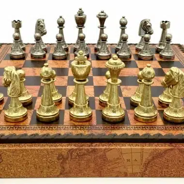 Ensemble Staunton Mix VI Echiquier Brun avec Rangement et Jeu d'Echecs en Métal – Image 4