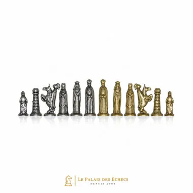 Ensemble "Médieval" Echiquier en Similicuir & Jeu d'Echecs en Métal Massif