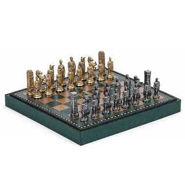 Ensemble complet Romains vs Barbares sur échiquier en similicuir vert