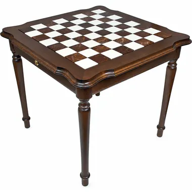 Table Luxe III en bois massif, plateau échiquier albâtre et marbre de Carrare