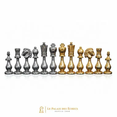 Ensemble "Arabic Style" Echiquier en Bois d'Erable et Jeu d'Echecs en Métal Plaqué Or et Argent