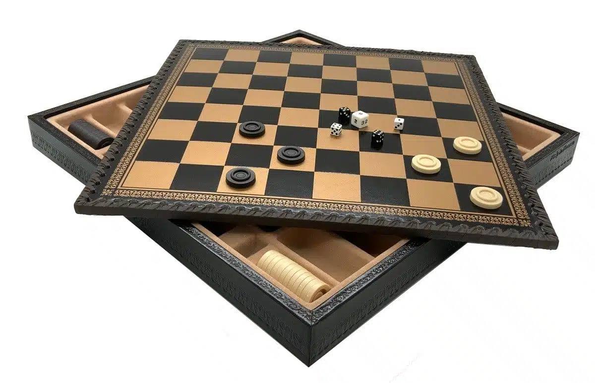 Ensemble Arabic Style V Echiquier Noir en Similicuir avec Rangement et Jeu d'Echecs en Métal Plaqué Or et Argent – Image 7