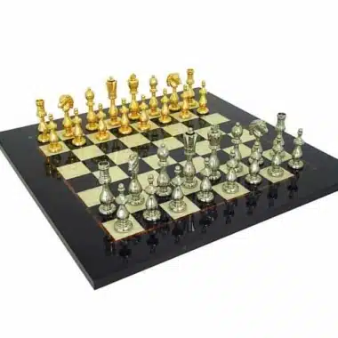 Ensemble "Arabic Style" Echiquier en Bois d'Erable et Jeu d'Echecs en Métal Plaqué Or et Argent