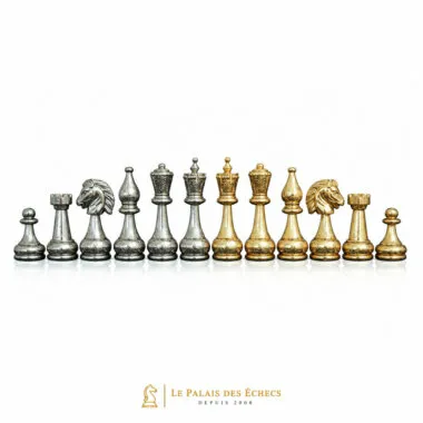 Pièces d'échecs Flowered II plaquées or et argent, vue alignée complète