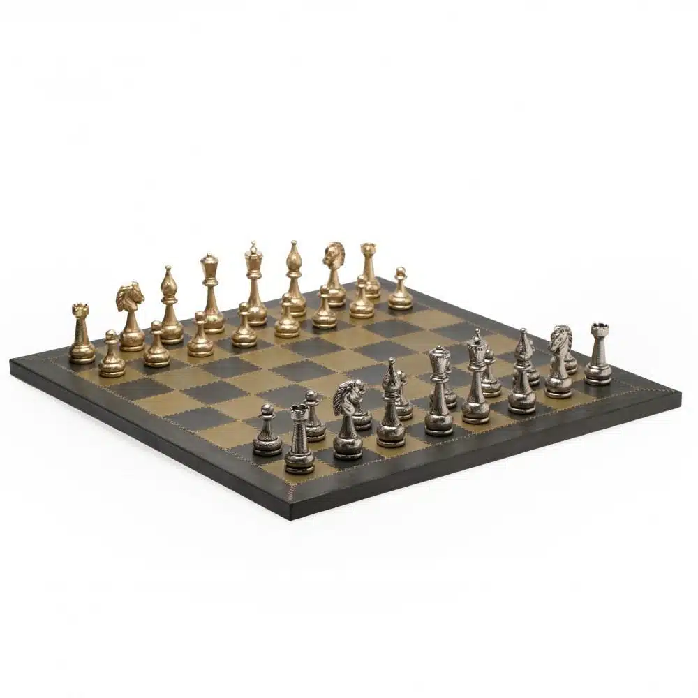 Ensemble Flowered IIII Echiquier en Cuir Véritable et Jeu d'Echecs en Métal