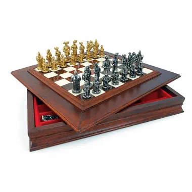 Ensemble "Lanzichenecchi" Echiquier en Bois Massif avec Compartiment de Rangement, Plateau en Albâtre de Toscane & Jeu d'Echecs en Métal Massif