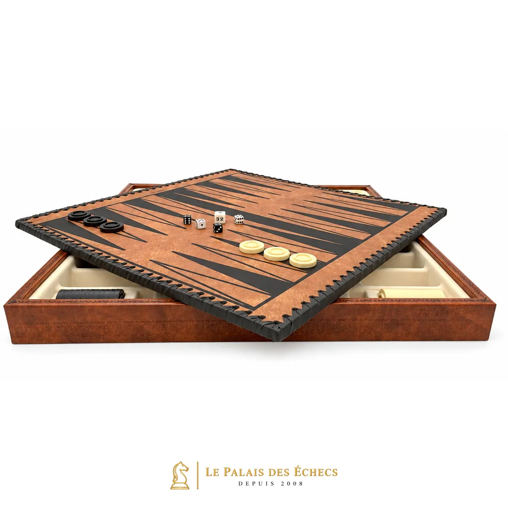 Face backgammon du coffret Samourai III avec dés et pions ivoire
