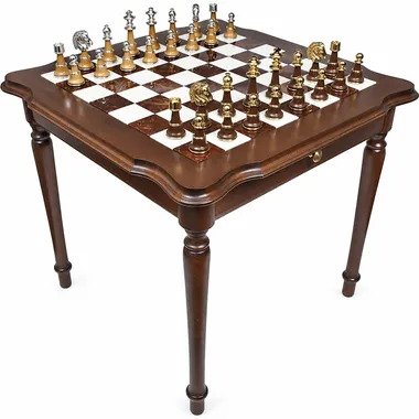 Table d'échecs en bois et marbre de Carrare avec jeu de pièces doré et argenté