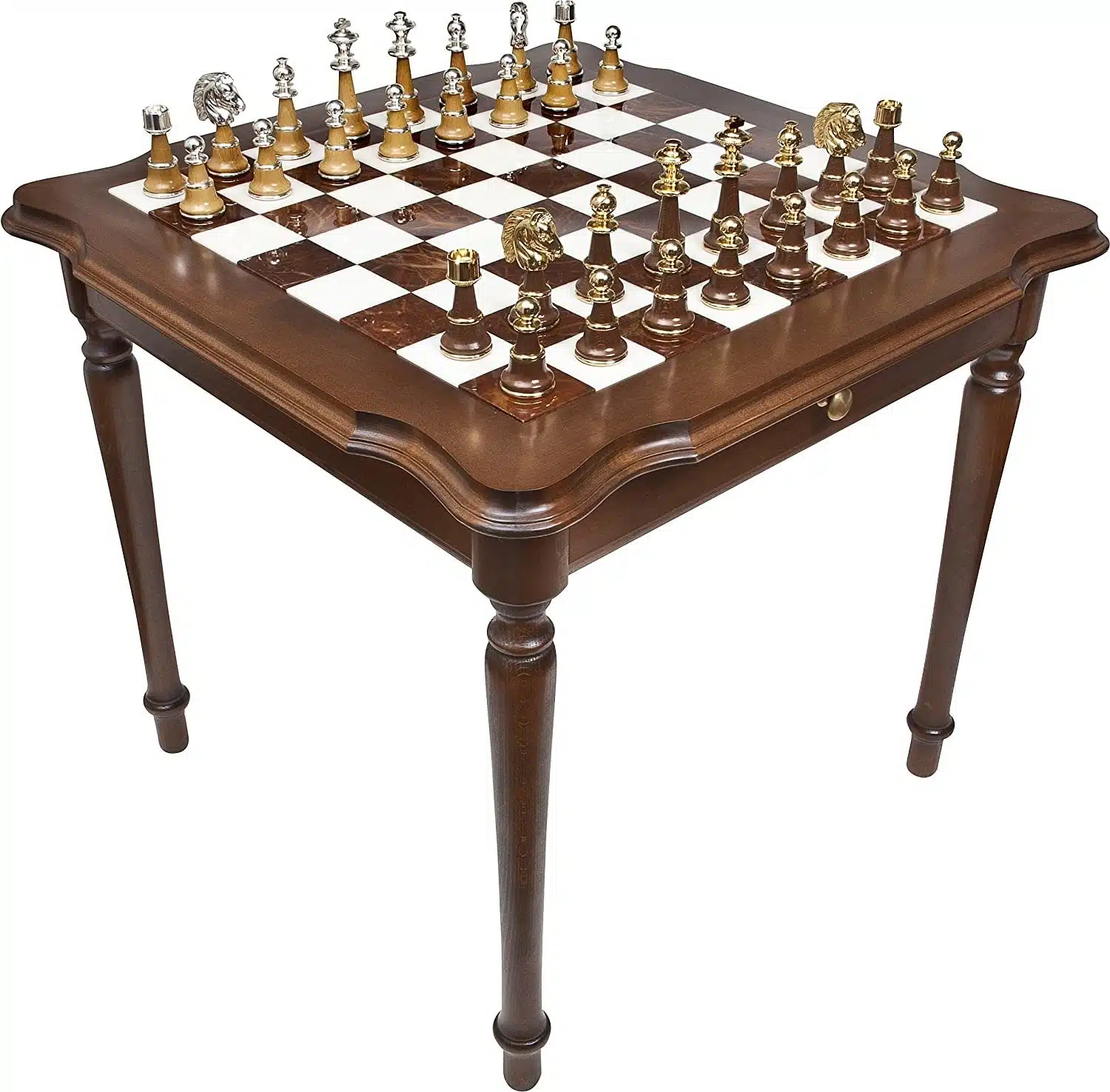 Ensemble Staunton XL IV Table d'Echec en Bois et Marbre de Carrare & Jeu d'Echecs en Bois et