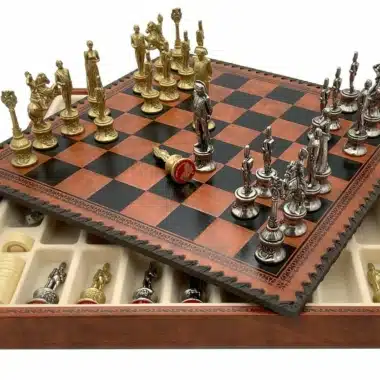 Ensemble Napoleon II Echiquier en Similicuir & Jeu d'Echecs en Métal Massif