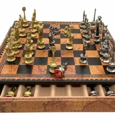 Ensemble Napoleon Echiquier en Similicuir Ancien Monde avec Rangement & Jeu d'Echecs en Métal Massif
