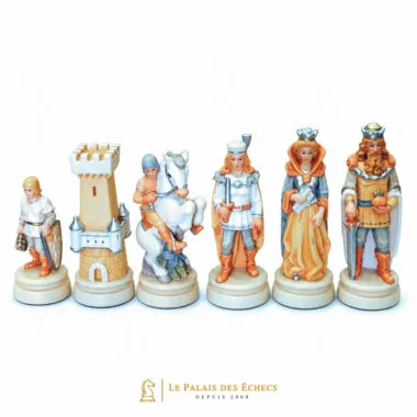 Pièces d'échecs Bergame camp orange sur échiquier en bois clair et foncé
