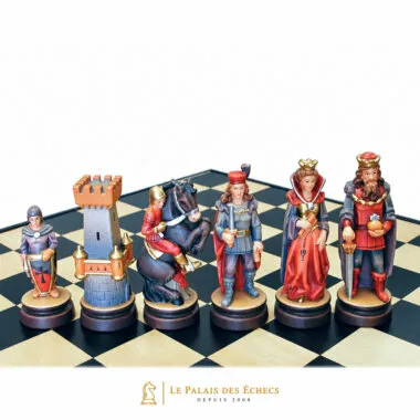 Jeu d'Echecs "Bergame Bouclier Face Peint à l'Huile" en Bois des Alpes Massif Sculpté Traditionnellement