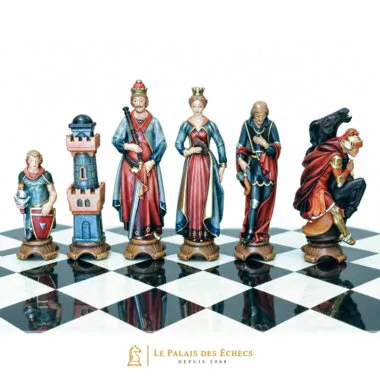 Jeu d'Echecs "Renaissance Peint à l'Huile" en Bois des Alpes Massif Sculpté Traditionnellement