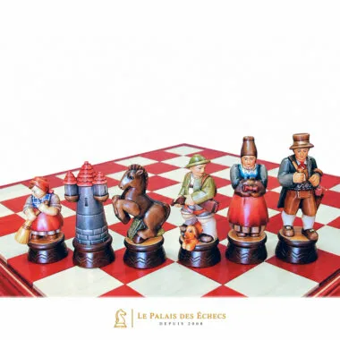 Jeu d'Echecs "Alpine Peint à l'Huile" en Bois des Alpes Massif Sculpté Traditionnellement